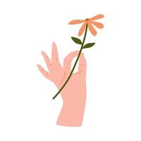 Abstract poster with hand gesture holding bloom spring flowers in scandinavian style. vector