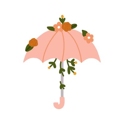 Hand drawn Cute Floral Umbrella with spring flowers flat elements illustration. Greeting card, poster, flyer, cover and other use.