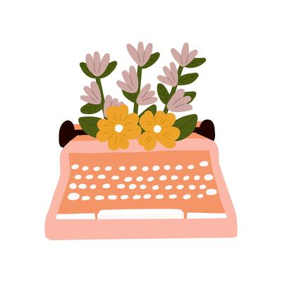 Hand drawn Beautiful Flowers Growing out from a Old styled Vintage Typewriter Scandinavian Illustration. Spring Event, Love Valentine's day. Womans Day or Mothers Day Greeting Card or Poster.