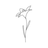 Abstract bloom hibiscus flower with leaves in one black line art drawing style. Minimalist sketch elements illustration. vector