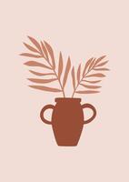 Palm leaf in abstract vase art print. Hand drawn trendy flat illustration vector