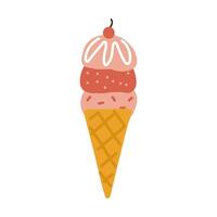 Strawberry ice cream in cone with cherry Illustration vector