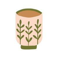 Teacup with Leaf Pattern Ornaments Hand drawn cartoon colored trendy flat illustration style design vector