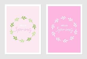 Hello spring poster and greeting card. Background with green leaves, twigs and plant elements. Text design. vector