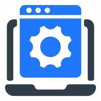 A blue and white icon with gears on it vector