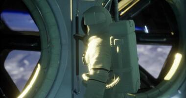 Astronaut exploring a space station during a mission above the Earth video
