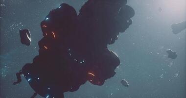 Spaceship navigating through asteroid field in deep space at night video