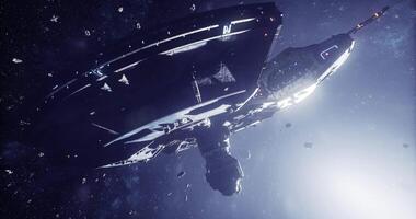 Spaceship navigating asteroid field in deep space with a bright star video
