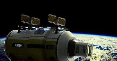 Space habitat module orbiting Earth with solar panels and blue planet backdrop video
