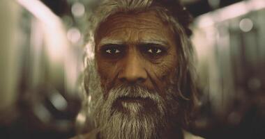 Old man with deep gaze expresses wisdom in a dimly lit setting video