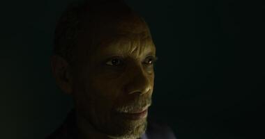 Portrait of a mature man with expressive eyes captured in low light video