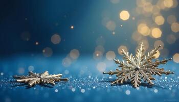 Gold Snowflake Ornaments on Glittering Blue Surface with Bokeh photo