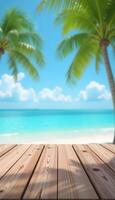 Tropical Beach View with Wood Plank Surface and Palm Trees photo