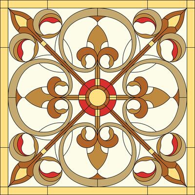 Abstract flower in square frame, geometric ornate pattern tile. Window on the ceiling in square frame, symmetric composition, yellow and biege color