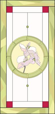 Stained glass panel in a rectangular frame. Classic window, with orchid, abstract floral arrangement of buds and leaves in the tiffany technique. Window frame border