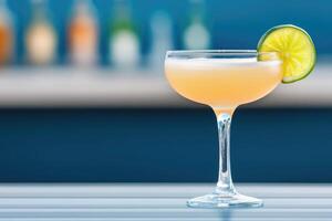 Margarita served on the table with a vibrant bar atmosphere in the background photo