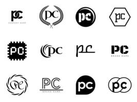 PC logo company template. Letter p and c logotype. Set different classic serif lettering and modern bold text with design elements. Initial font typography. vector