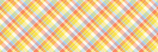 Vibrant diagonal plaid pattern in pastel orange, yellow, and blue hues. Perfect for textile design, website backgrounds, or cheerful branding. Evokes feelings of warmth, joy, and springtime. vector
