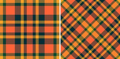 Vibrant autumnal plaid patterns. Two seamless designs in warm orange, gold, and dark green hues. Perfect for textile design, fallthemed projects, or adding a touch of rustic charm to your visuals. vector