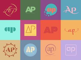 AP logo company template. Letter a and p logotype. Set different classic serif lettering and modern bold text with design elements. Initial font typography. vector