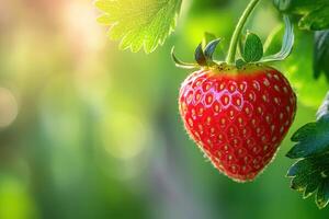 A close up of vibrant red strawberry hanging from vine organic farm, with soft blurred background creating fresh and inviting photo