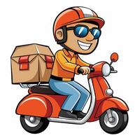 a cartoon delivery man riding a scooter with box on the back vector
