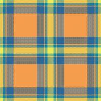 Vibrant orange, yellow, and blue plaid pattern. Perfect for textile design, fashion, and website backgrounds. This cheerful, seamless texture evokes warmth and optimism. vector