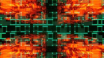 Turquoise and Deep Orange Cybernetic Chip Cube and Dots Flythrough Background VJ Loop I 4K video