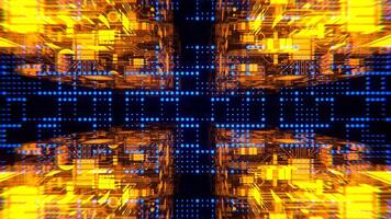Blue and Orange Cybernetic Chip Cube and Dots Flythrough Background VJ Loop I 4K video