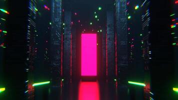 Pink and Green Neon Sci Fi Hall with Tall Columns and Portal Background VJ Loop I 4K video