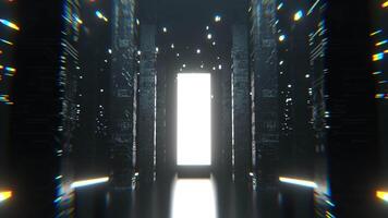 White Neon Sci Fi Hall with Tall Columns and Portal Background VJ Loop I 4K video