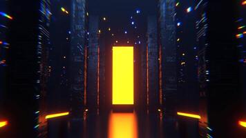 Blue and Orange Neon Sci Fi Hall with Tall Columns and Portal Background VJ Loop I 4K video