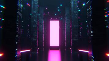 Cyan and Pink Neon Sci Fi Hall with Tall Columns and Portal Background VJ Loop I 4K video