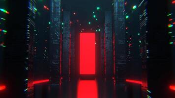 Turquoise and Red Neon Sci Fi Hall with Tall Columns and Portal Background VJ Loop I 4K video