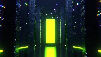 Purple and Light Green Neon Sci Fi Hall with Tall Columns and Portal Background VJ Loop I 4K video