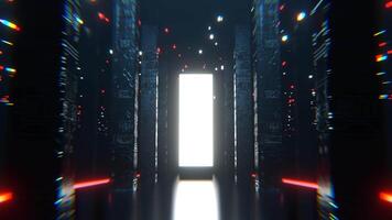 Red and White Neon Sci Fi Hall with Tall Columns and Portal Background VJ Loop I 4K video