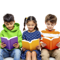 Three children sitting on a couch reading books png