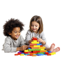 Two children playing with a large stack of colorful blocks png