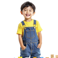 A young boy is standing in front of a pile of wooden blocks png