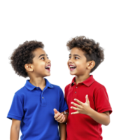 Two boys in blue and red polos laughing png