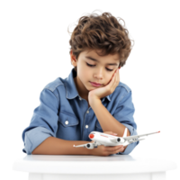 A young boy sitting at a table with a toy airplane png
