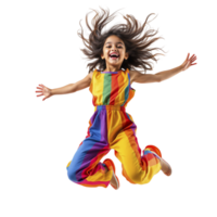 A young girl jumping in the air in a rainbow jumpsuit png