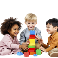Three children playing with a stack of colorful blocks png