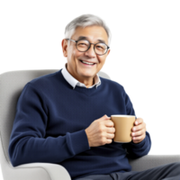 An older man sitting in a chair holding a coffee cup png