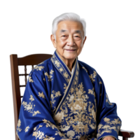 An asian man in a blue and gold robe sitting on a chair png