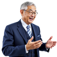 An older man in a suit and tie is gesturing png