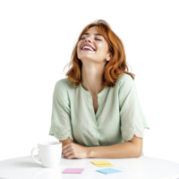 A woman is laughing while sitting at a table with a cup of coffee png