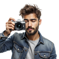 A man with a beard and a denim jacket is taking a photo with his camera png