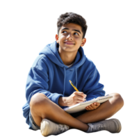 A young boy sitting on the floor with a pen and notebook png