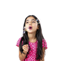 A young girl blowing bubbles in front of a black background png